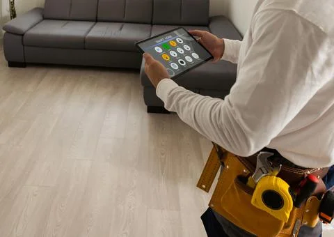 Smart home control on tablet. Interior of living room in the background Stock Photos