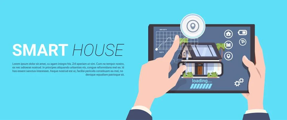Smart Home Control technology Concept With Hands Holding Tablet Device Over Stockillustratie