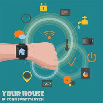 Smart home detectors controlling via smartwatch 스톡 일러스트