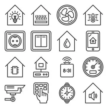 Smart Home Devices and Interface Icons Set. Vector 库存插图