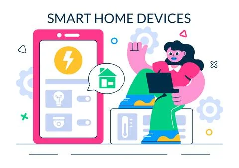 Smart Home Devices Vector Illustration featuring Home Automation Controlled.. Stock Illustration