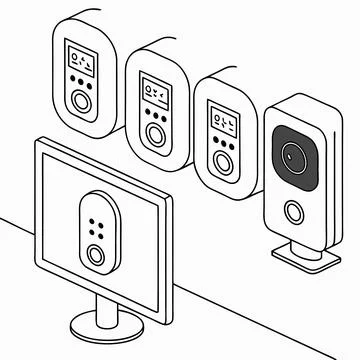 Smart Home Devices Vector , Thermostats and Cameras in Repeating Rows for M.. Stock Illustration