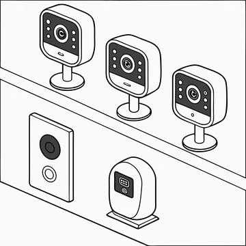 Smart Home Devices Vector , Thermostats and Cameras in Repeating Rows for M.. Illustrazione stock