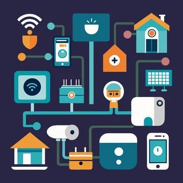 Smart Home Devices Vector , Thermostats and Cameras in Repeating Rows for M.. Stock Illustration