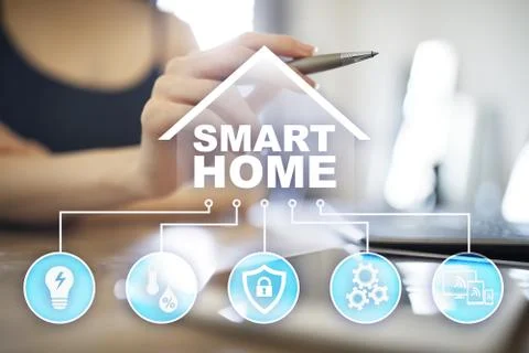Smart home digital interface on virtual screen. Internet and automation 库存照片