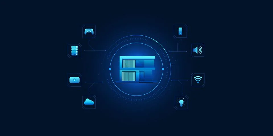 Smart home inside a technology circle connected with IoT system icons, repr.. 스톡 일러스트