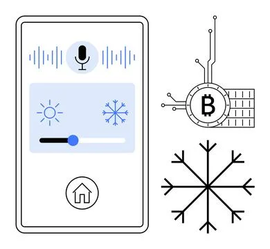 Smart Home Interface with Cryptocurrency and Weather Control Elements Stock Illustration