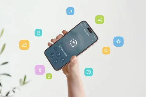 Smart home interface featuring multiple home automation functions visualized  Foto stock