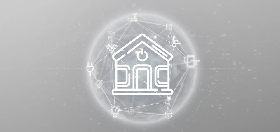 Smart home interface with icon, stats and data 3d rendering Stock Illustration