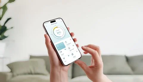Smart home interface on smartphone showing temperature control and connected  Stock Photos