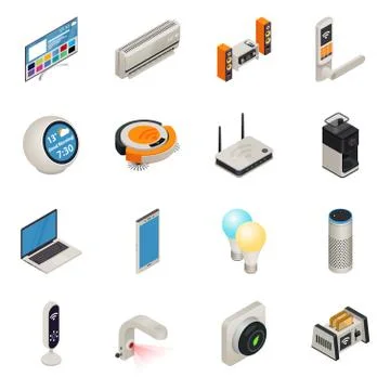 Smart home internet connected devices isometric colorful icon set. Vector Stock Illustration