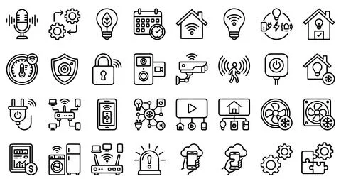 Smart Home IoT Automation Security and Connected Devices Line Icon Set Stock Illustration