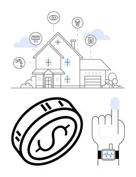 Smart home with IoT devices connected for security, lighting, and HVAC. Coin  Stock Illustration