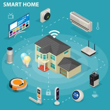 Smart home iot internet of things control comfort and security isometric 스톡 일러스트
