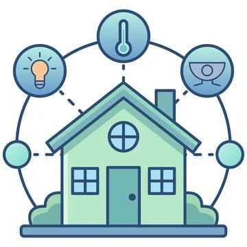Smart home iot network technology and automation flat outline icon. Stock Illustration