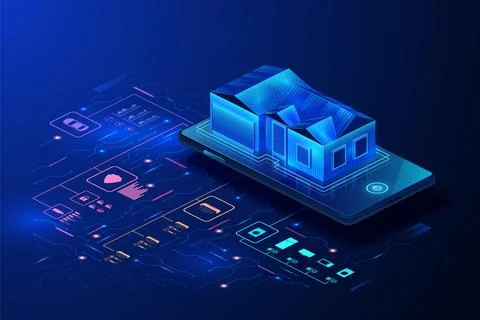 Smart home. IOT technology. House internet management. Building system in phone Ilustración de archivo