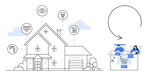 Smart Home Managed via Digital Tablet Automation, Security, and Energy Effi.. Illustrazione stock