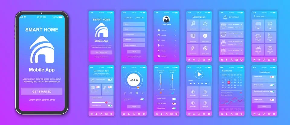 Smart home mobile app interface screens template set. Online account, monitor Stock Illustration