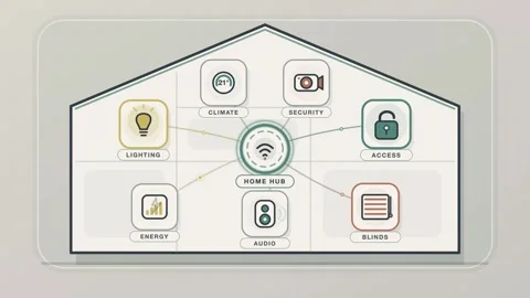 Smart home network with connected devices and central hub Stock Footage 344809442