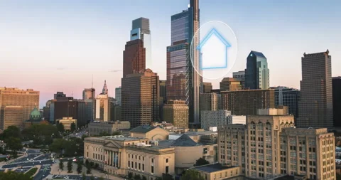 Smart home office technology theme in urban city setting. Remote control Stock Footage 169926237