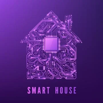 Smart Home or IOT Concept. Purple Circuit House with CPU. Future and Innovati Stock Illustration