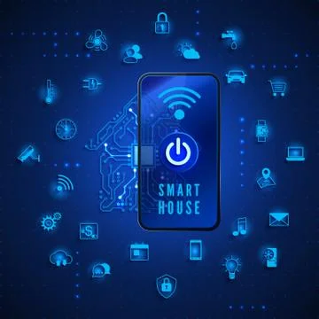 Smart home or IOT concept. House circuit and smart home function icons. Remot Stock Illustration