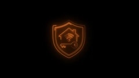 Smart home security icon showing house with wi-fi symbol and key inside glo.. Stock Footage 338130810