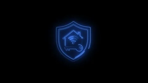 Smart home security shield with key and wifi signal neon glow motion graphic. Stockbeeldmateriaal 338253204