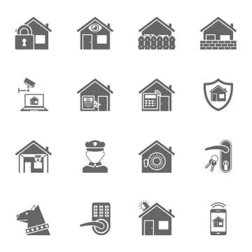 Smart home security system black icons set Stock Illustration