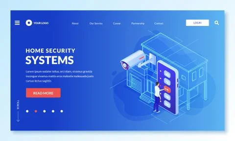 Smart home security system concept. Vector 3d isometric illustration. Man con Stock Illustration