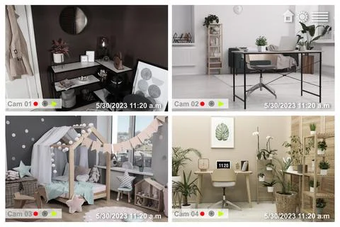 Smart home security system. Different rooms, view from cameras in house Stock Photos