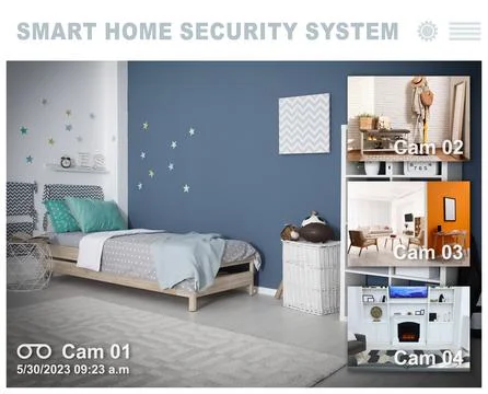 Smart home security system. Different rooms, view from cameras in house Stock Photos