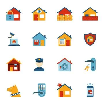 Smart home security system flat icons set Stock Illustration