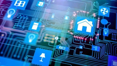 Smart home/ smart house processor chip concept on motherboard Stockillustratie