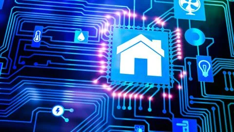 Smart home/ smart house processor chip concept on motherboard Stockillustratie