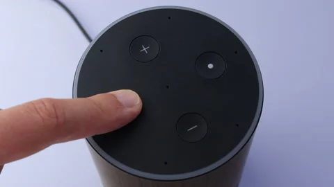 Smart home speaker - microphone - pressing microphone button - mute microphone Stock Footage 154819892