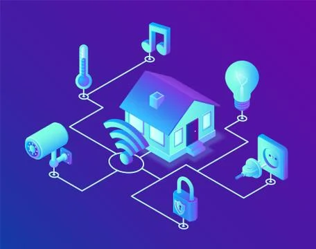 Smart home system concept. 3D isometric remote house control system. IOT conc Ilustración de archivo