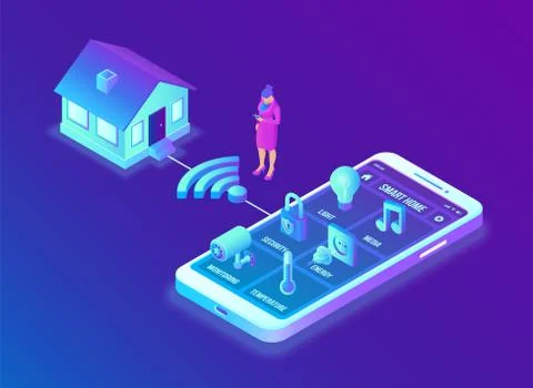Smart home system concept. 3D isometric remote house control system. IOT conc Ilustración de archivo