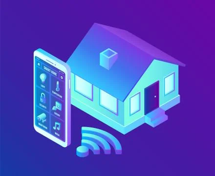 Smart home system concept. 3D isometric remote house control system. IOT conc Stock Illustration
