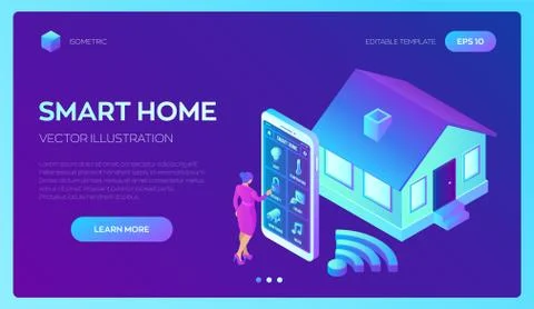 Smart home system concept. 3D isometric remote house control system. IOT conc Ilustración de archivo