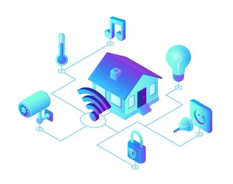 Smart home system concept. 3D isometric remote house control system. IOT conc Ilustración de archivo