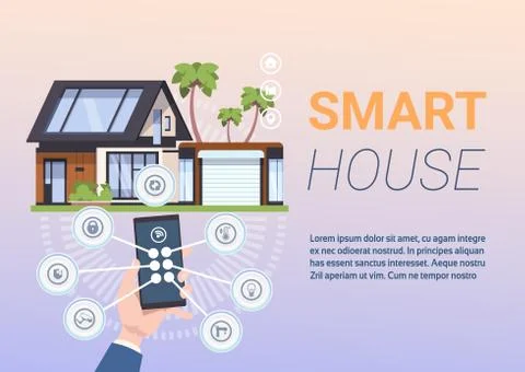 Smart Home System Concept With Hands Holding Smartphone With Control App Stock Illustration