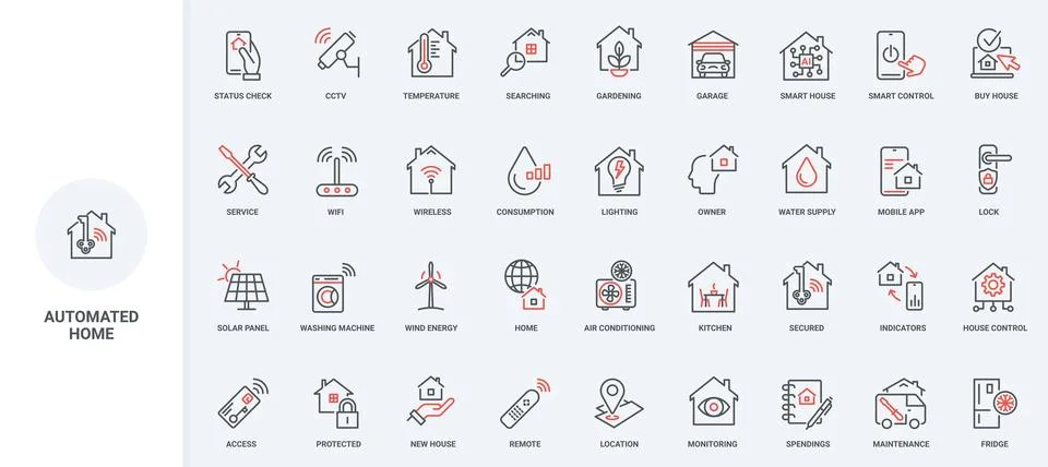 Smart home system control and management, automation of services with AI line Illustrazione stock
