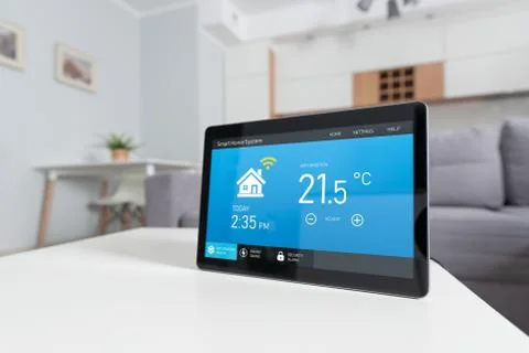 Smart home system device in modern living room 스톡 사진