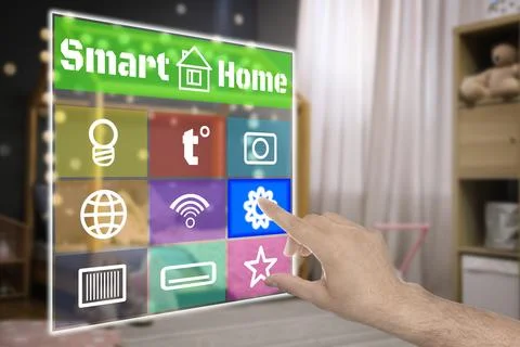 Smart home system. Man using digital interface in room, closeup Stock Photos
