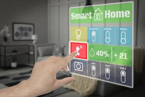 Smart home system. Man using digital interface in room, closeup Stock Photos