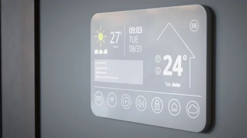 Smart home system on touchscreen control panel Stock Footage