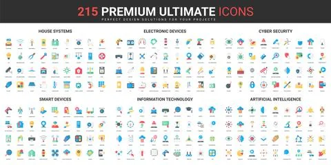 Smart home systems, AI information technology, cyber security color flat icons Stock Illustration