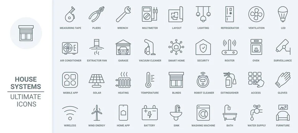 Smart home systems thin line icons set, electrical appliances and devices Illustrazione stock