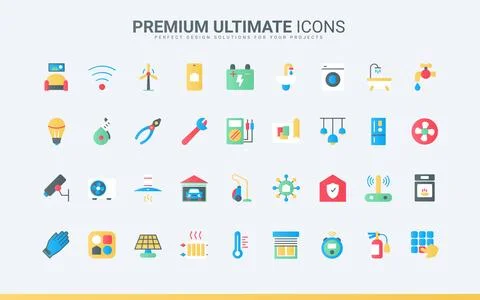 Smart home systems trendy flat icons set, electrical appliances and devices Illustrazione stock